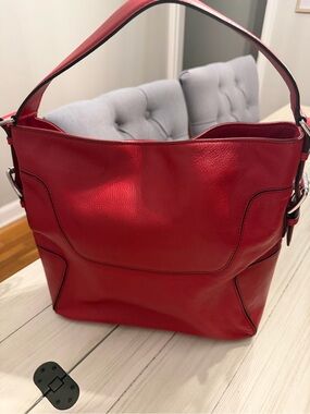 Michael Kors Red Genuine Leather Hobo Shoulder Bag MK Charm Silver Hardware